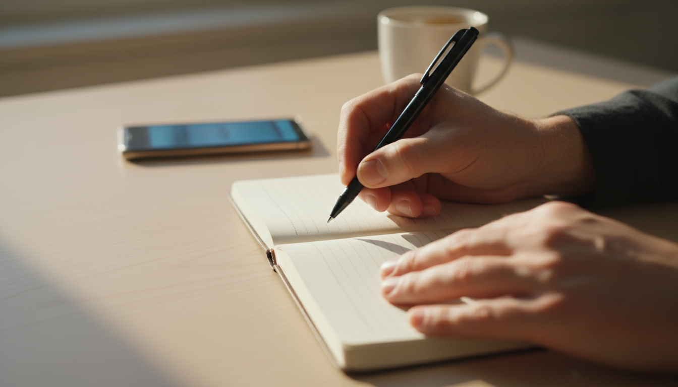 A person in a well-lit modern home, sitting on a bench and lacing running shoes, with a calm, purposeful expression.