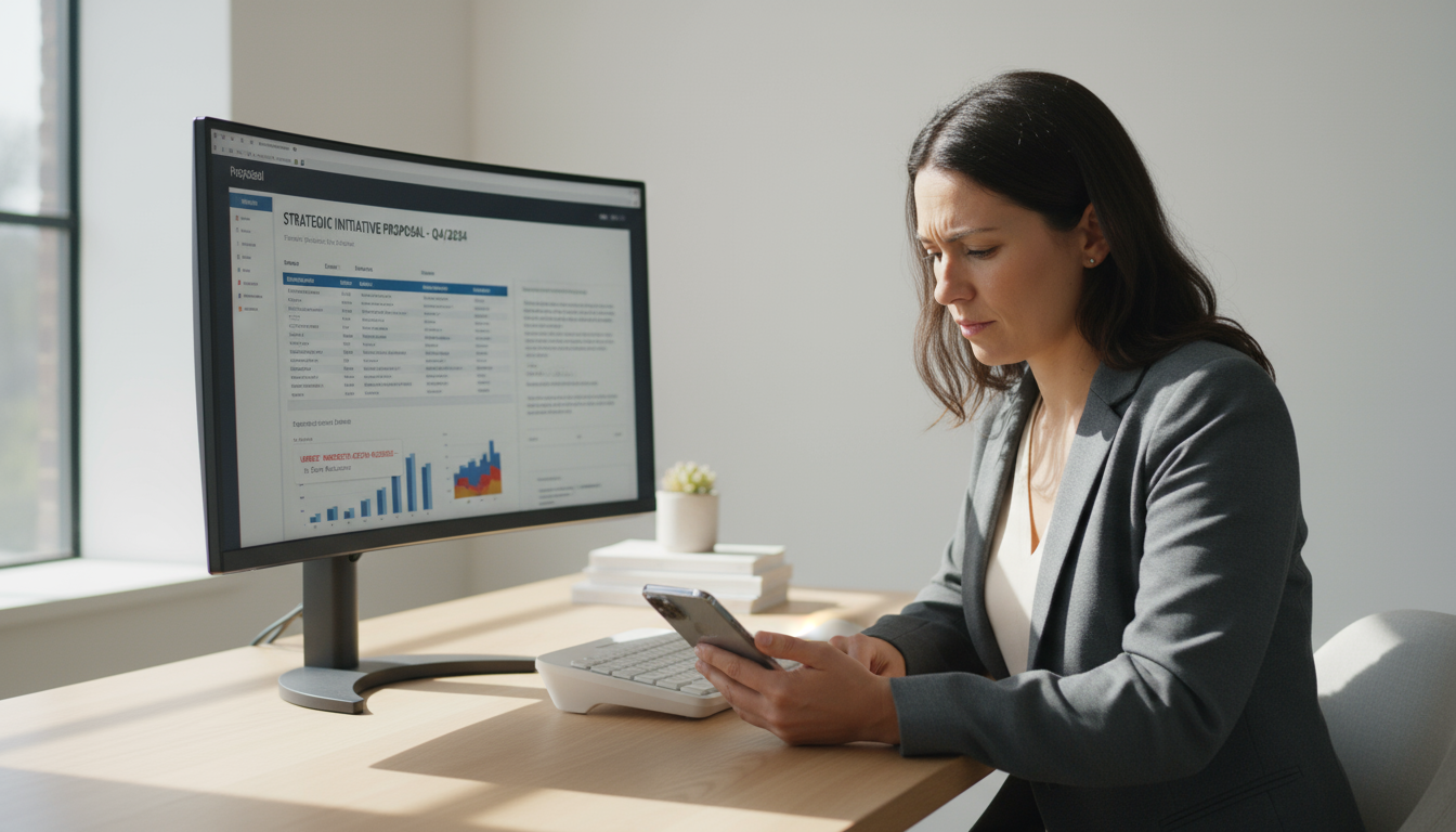 A mid-30s professional looks from a detailed proposal on a main monitor to an urgent email notification on a smartphone, indicating context switching.