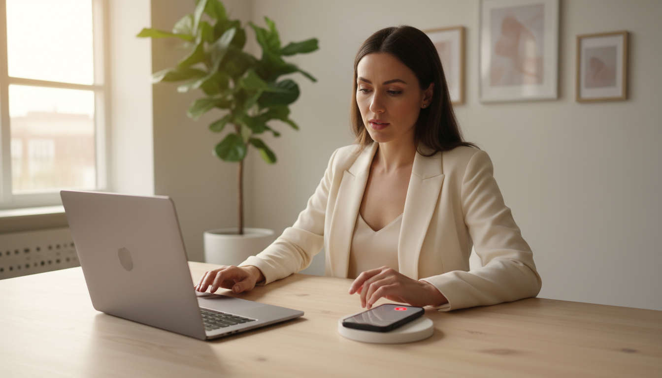 Person slicing vegetables in a bright, minimalist kitchen with a face-down smartphone nearby on the counter, showing brief purposeful device use.