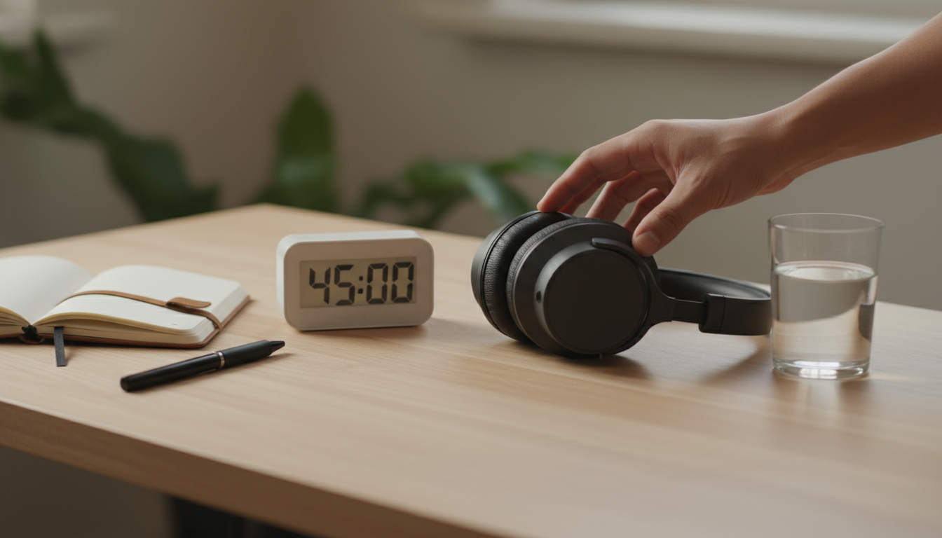 A person standing up from their desk, reaching for a glass of water, with a digital timer visible, signifying a deliberate reset from screen time.