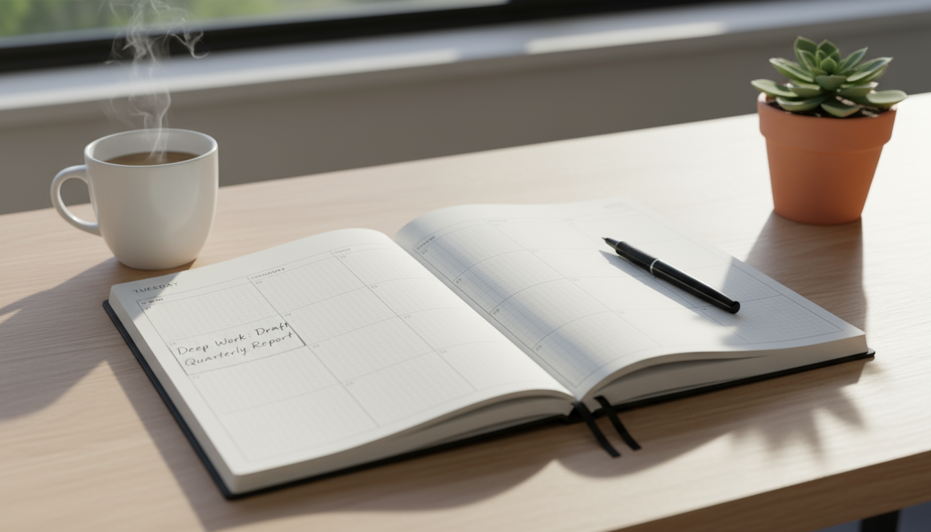 A knowledge worker calmly stretches, standing up from an organized desk in a naturally lit office, signifying a planned transition.