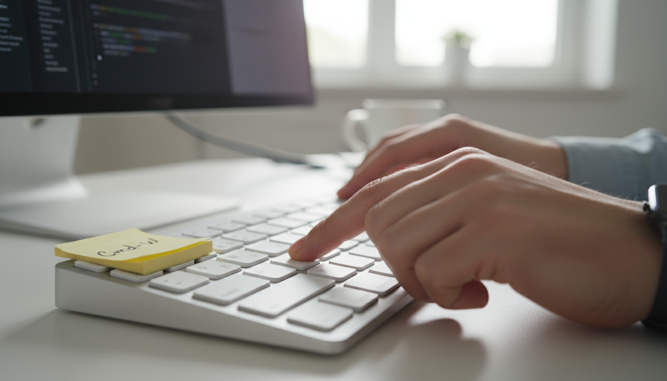 Freelance developer David in his home office, intently planning tasks using the 1-3-5 rule on his laptop, showing an organized digital workspace.