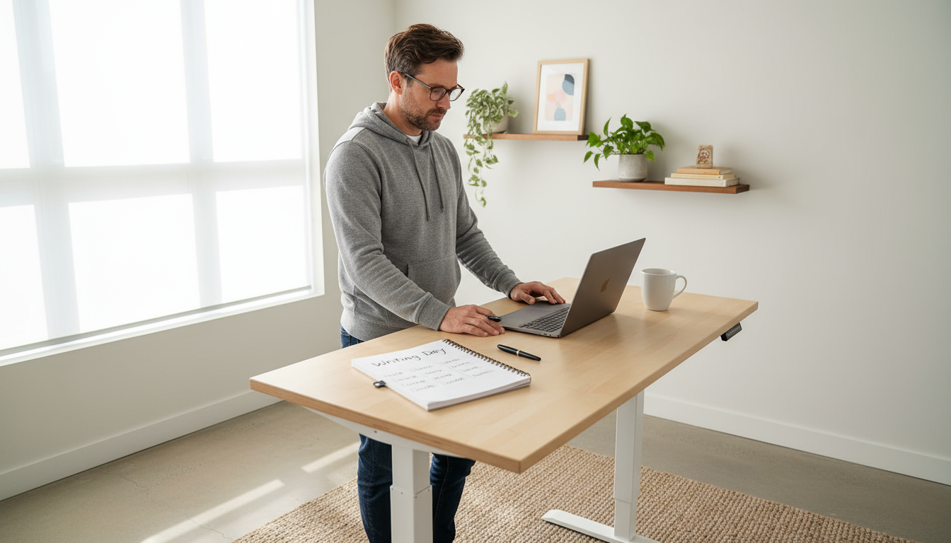 A male freelance writer stands at his minimalist wooden desk, reviewing a planner with 'Writing Day' and timeboxed sessions. An analog timer and lapto