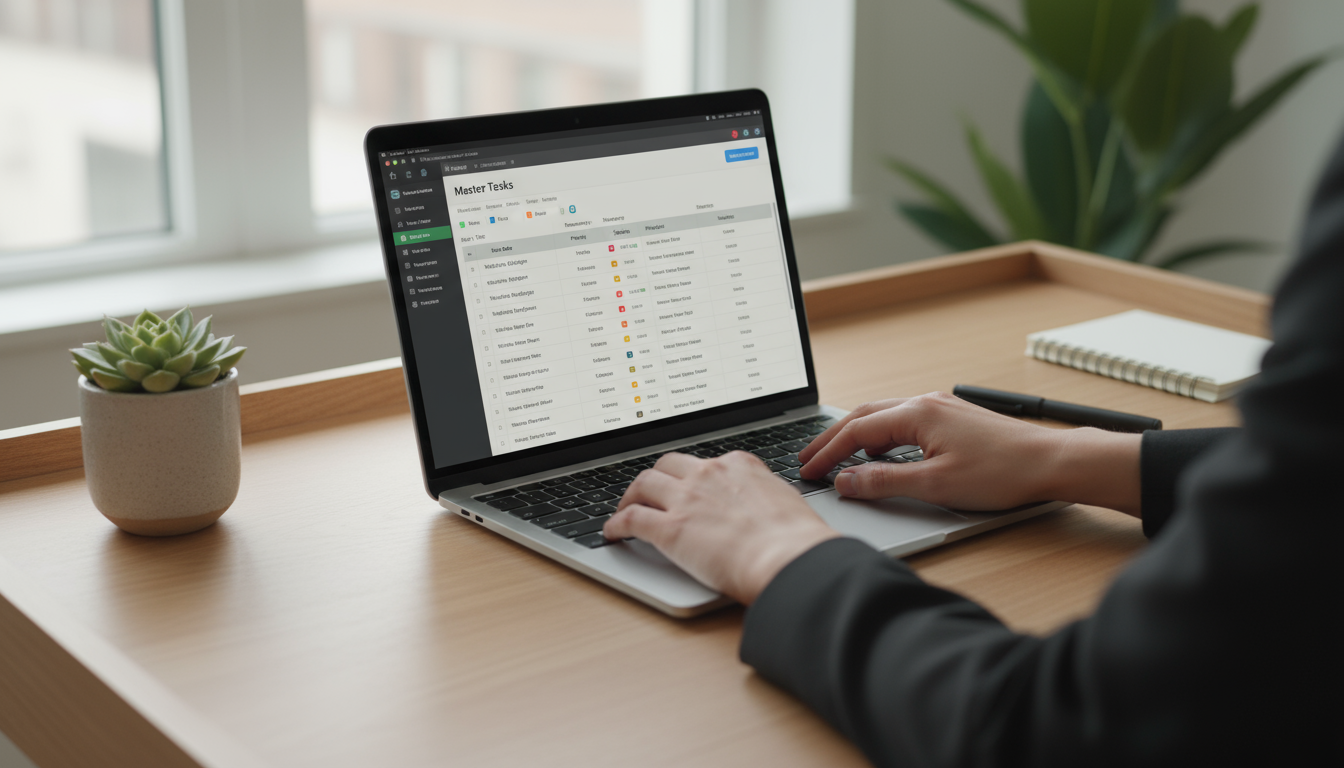 A knowledge worker at a minimalist desk intently reviewing a large monitor showing a color-coded Google Calendar filled with time blocks.