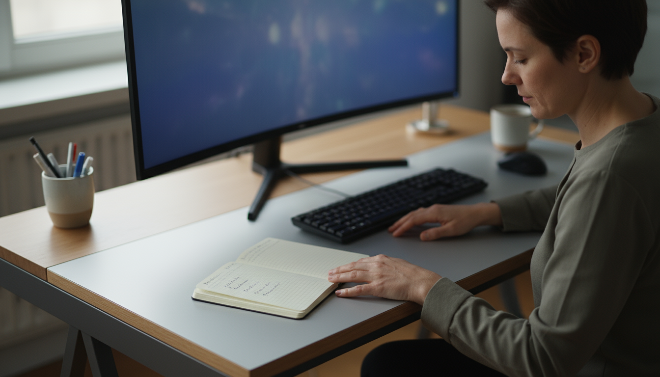 A knowledge worker, 30s-40s, calmly looks at a small notebook on their desk. Hands are resting; a blurred computer screen is behind them.