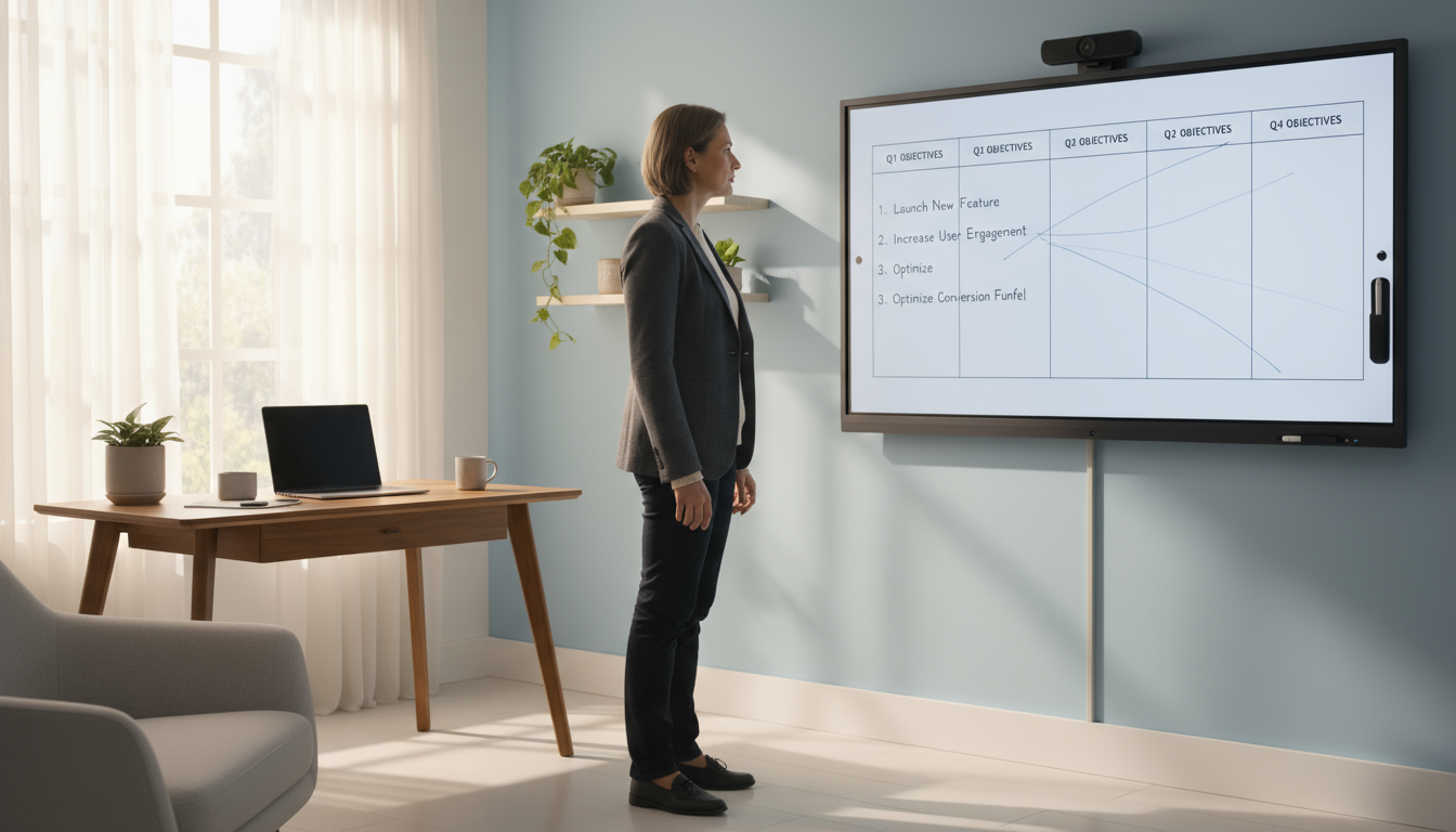 Professional at a minimalist desk, calmly reflecting, looking away from an open journal with blank spaces, in a sunlit home office.