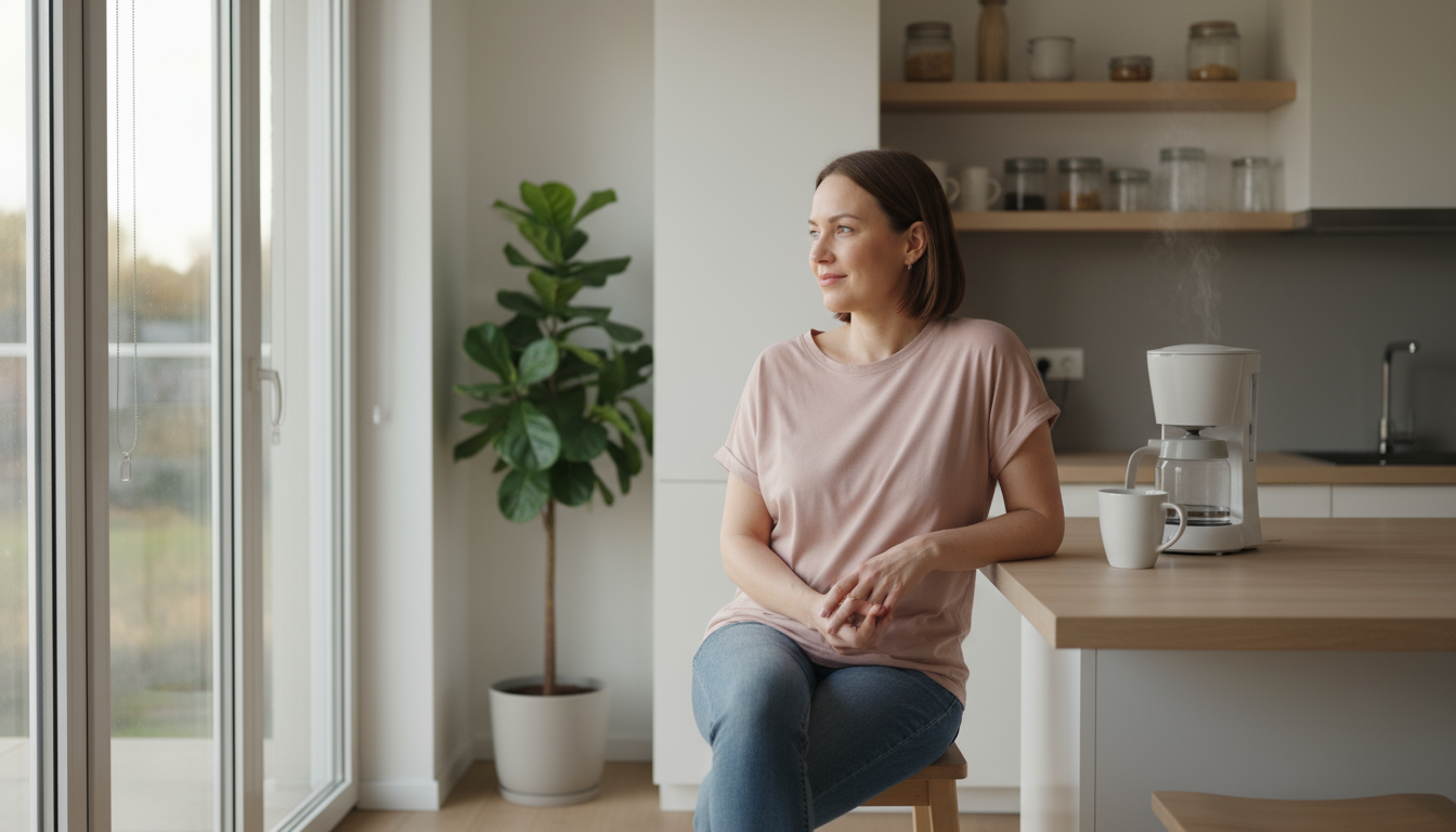A gender-neutral person sits calmly in a bright kitchen, waiting for coffee, without a phone, emphasizing morning focus.
