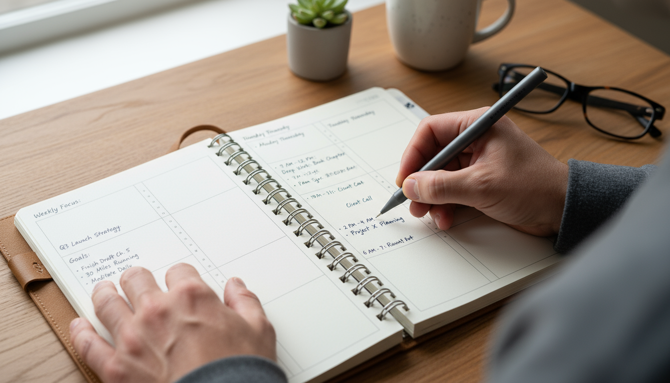 A professional highlights a completed objective on a physical planner at a bright, minimalist desk, showing quiet satisfaction.