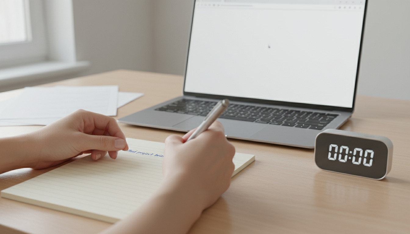 A knowledge worker casually rests hands on a laptop keyboard at a minimalist desk, a document open with just one sentence, signifying an easy start.