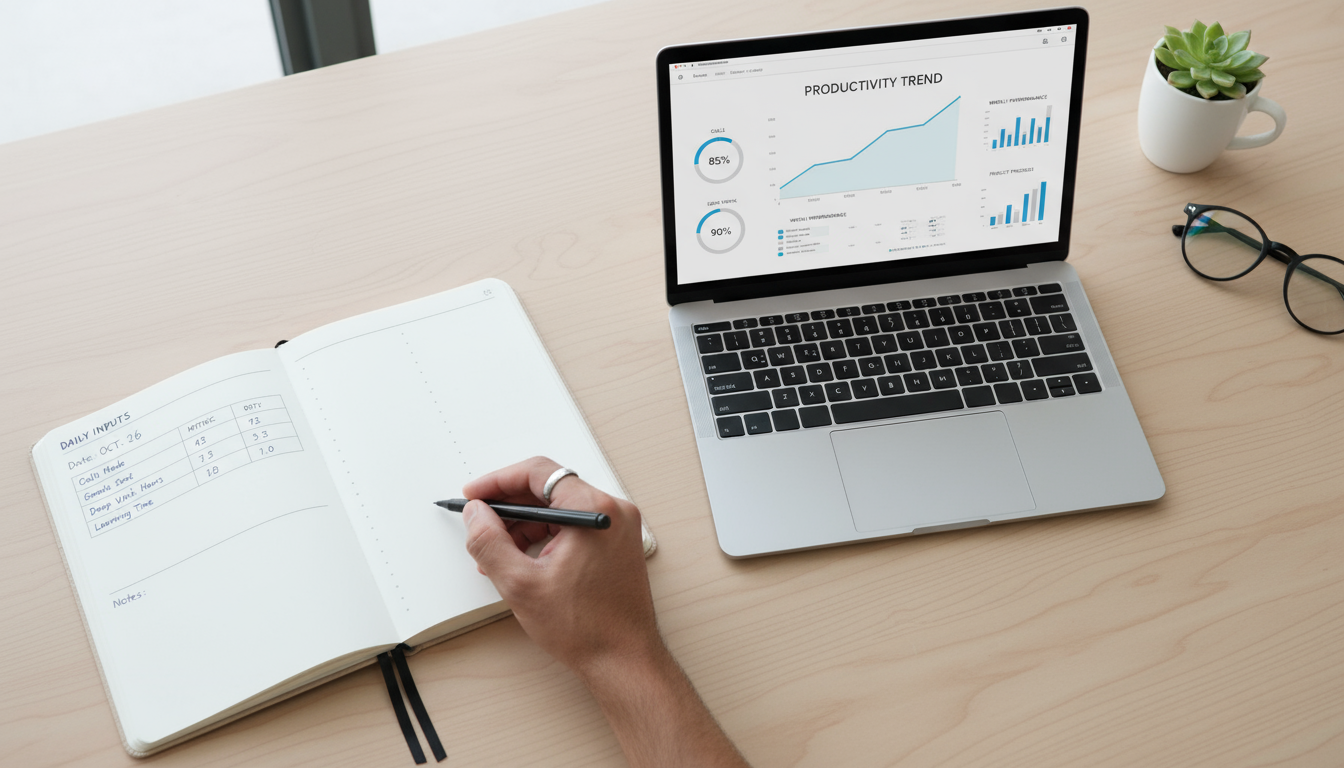 A focused professional woman, Maria, in her early 30s, planning her career pivot at a minimalist desk, combining a Notion-like digital workspace with 