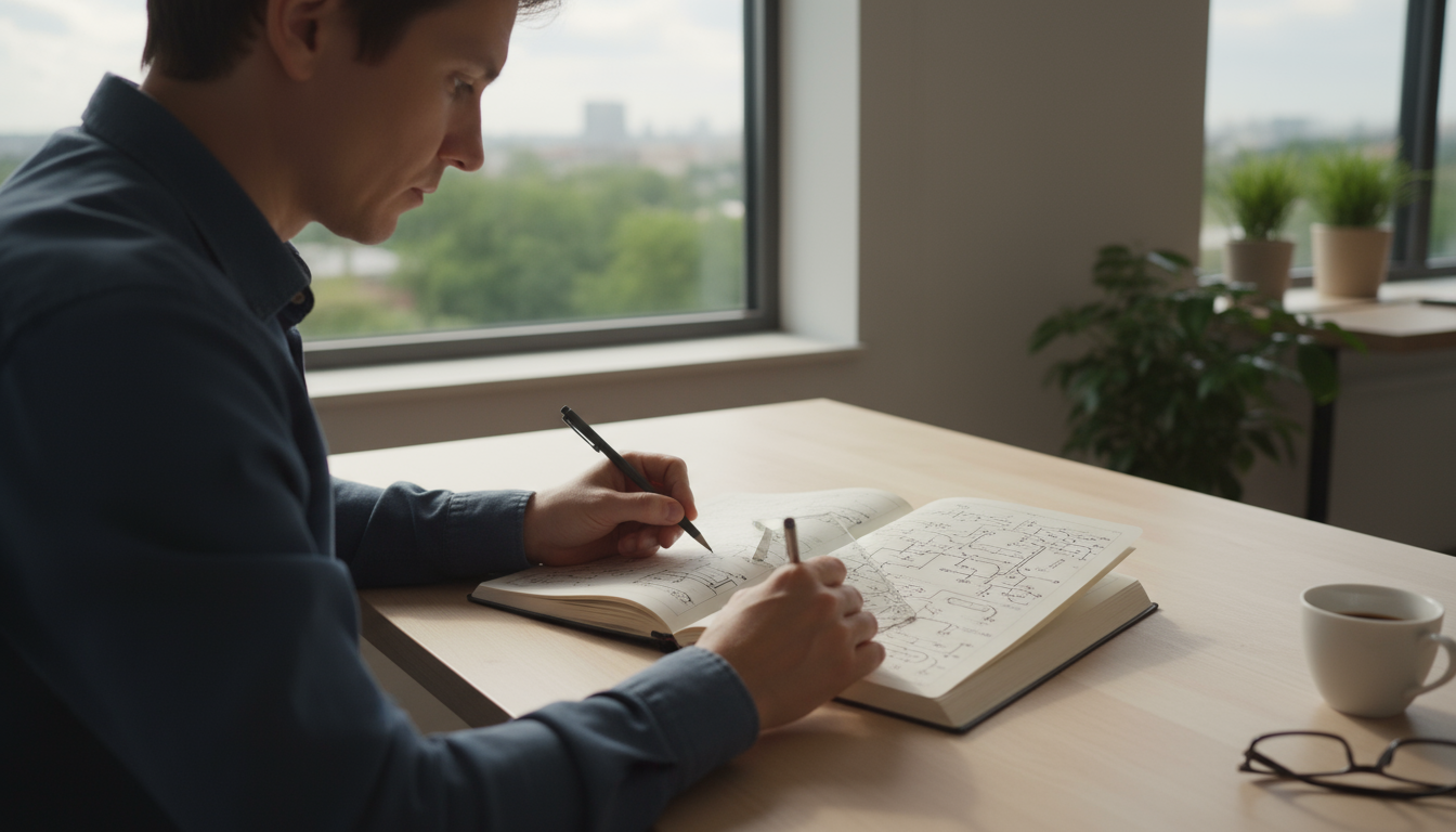 A professional man at an organized desk, hand near his temple, gazing at a laptop screen with a slightly unfocused expression, regaining concentration