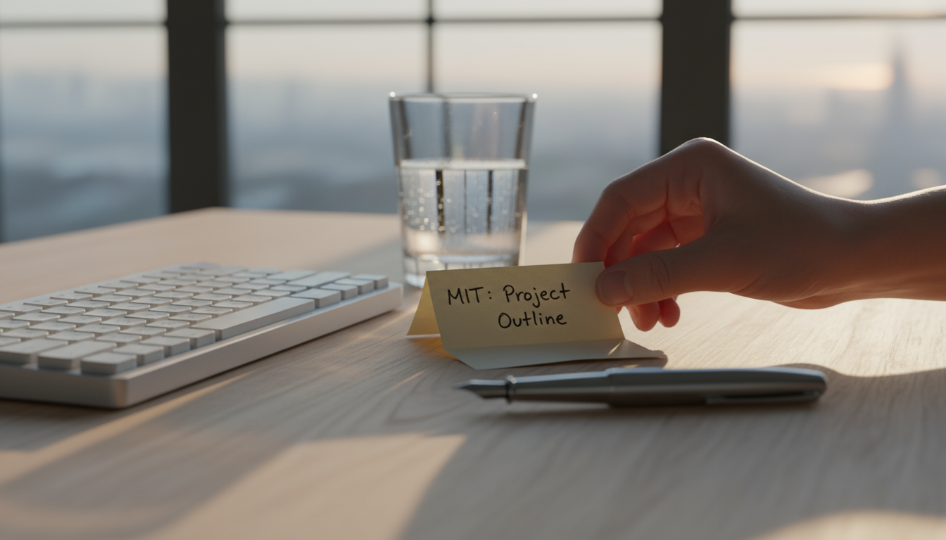 A professional at a minimalist desk, looking mentally fatigued amidst a laptop and glowing smartphone, embodying digital exhaustion.