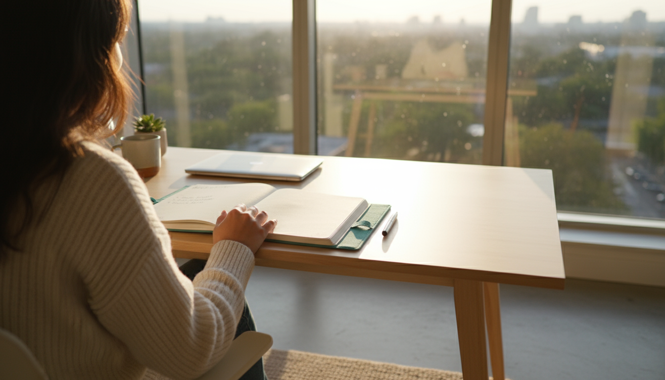 Focused knowledge worker at a desk, hand poised over a laptop displaying a time audit log. An open notebook sits beside it.