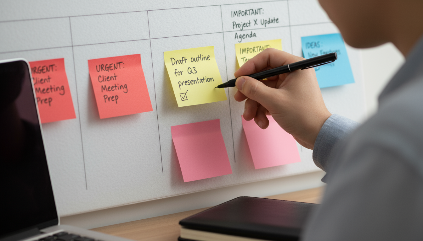 Two professionals standing, discussing workload in front of a large, wall-mounted Kanban board filled with colorful sticky notes.