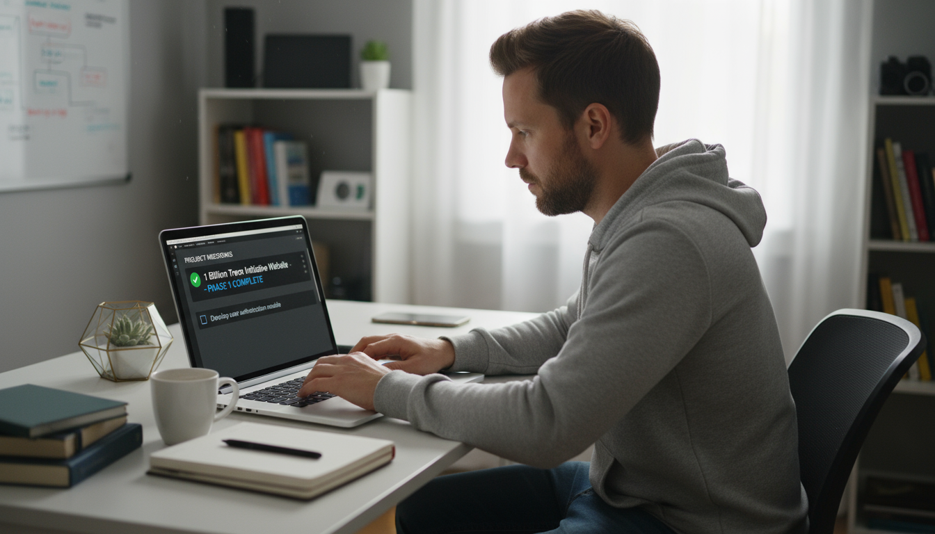 A hand places a clean ceramic mug on a minimalist wooden desk, where a laptop shows a clear desktop and a timer sits, reflecting an end-of-workday res