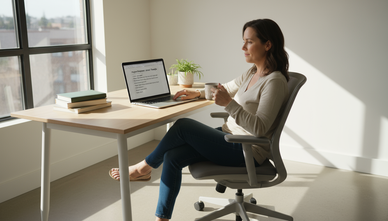 Professional closes laptop at a tidy home office desk, marking the end of the workday ritual.