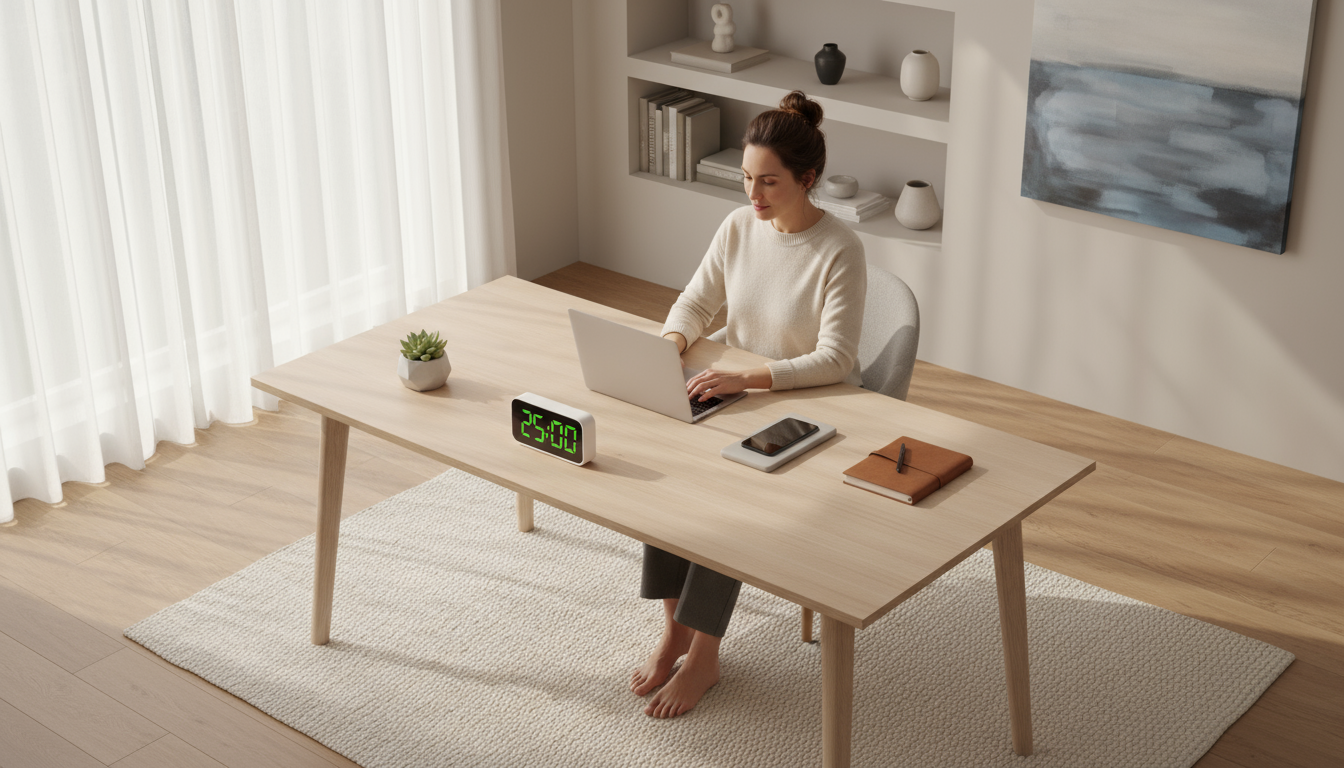 A focused manager in an open-plan office actively creates a 'Focus Block' on her monitor, preparing for deep work amidst office bustle.