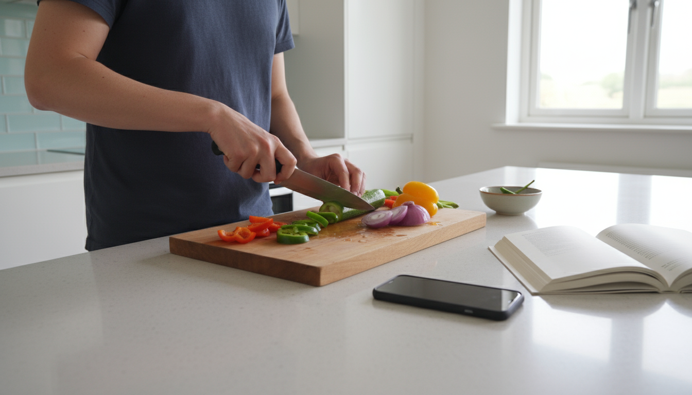 Person reads a physical book in an armchair, with headphones and lamp on a side table, showing a screen-free evening wind-down.
