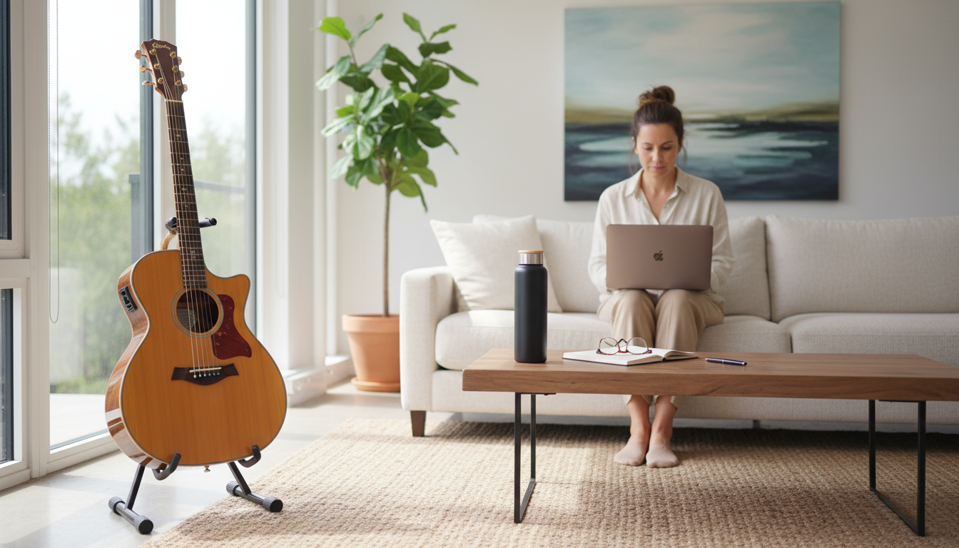 A smartphone is plugged into a wall outlet on a dresser across a peaceful bedroom. A book sits open on a nightstand in the foreground.