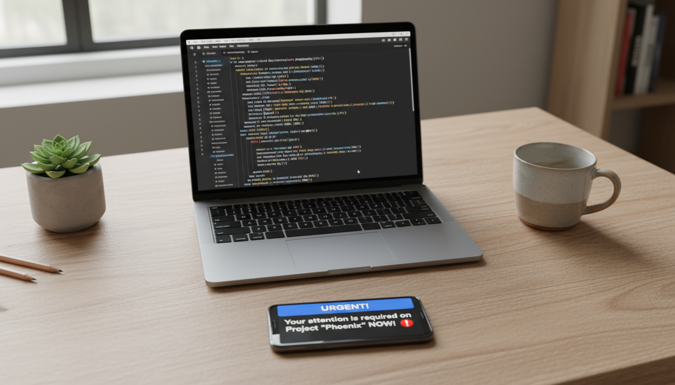 A professional stands by a bright window, stretching gently, away from their modern desk with a closed laptop, timer, and glass of water.