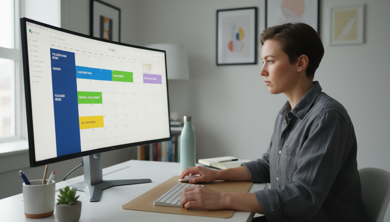 A knowledge worker views a detailed Trello board on a large monitor, showing custom lists and an open card with checklists in a bright, organized home