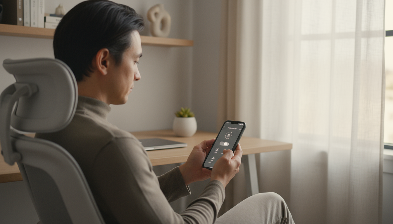 A thoughtful professional in a calm home office intently adjusting the settings or 'Focus Mode' on their smartphone.