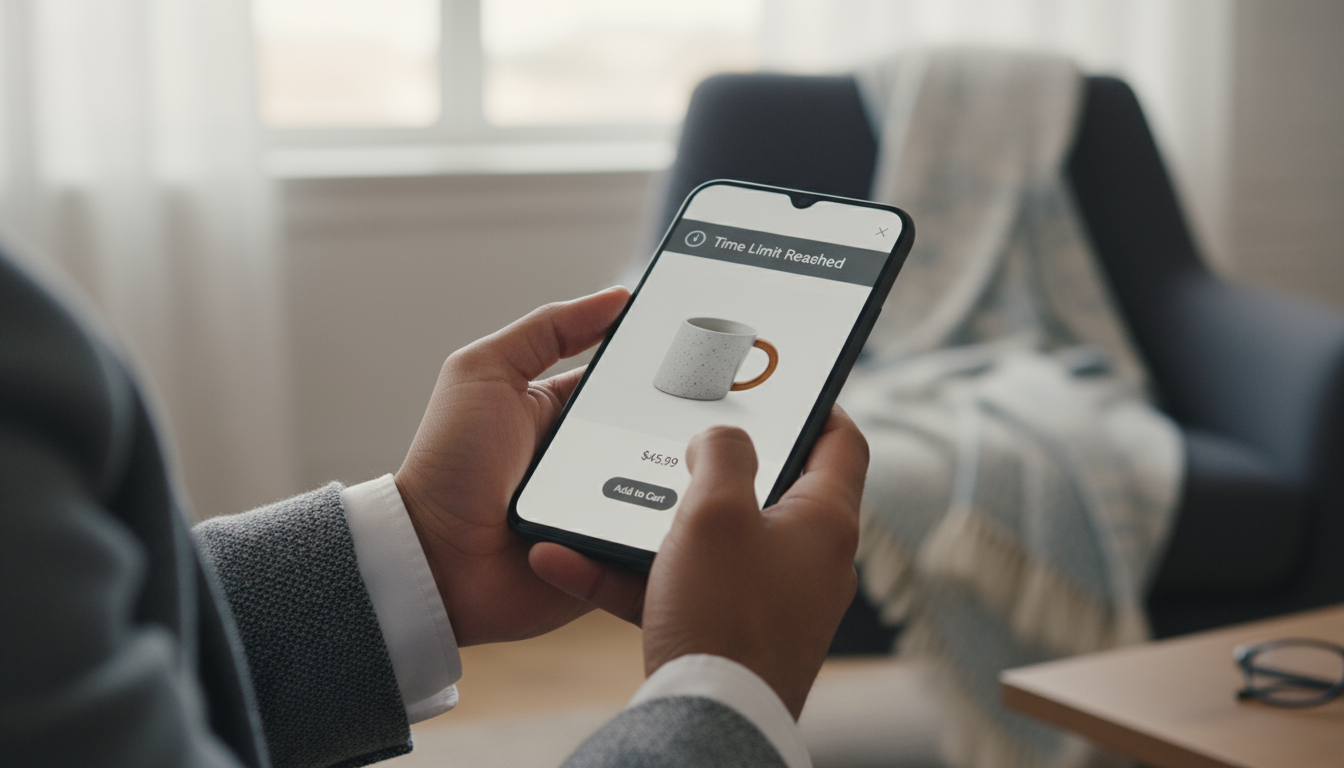 Two women at a cafe table. One enthusiastically shows a shopping item on her phone; the other calmly considers it with a polite, reflective smile.