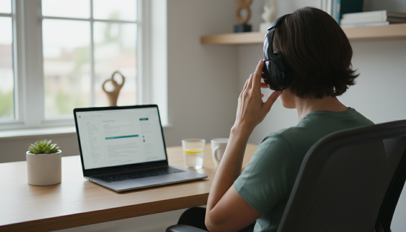 A minimalist desk with a journal and pen brightly lit by a lamp, contrasting with a phone's glowing notification and sticky notes in the soft shadows.