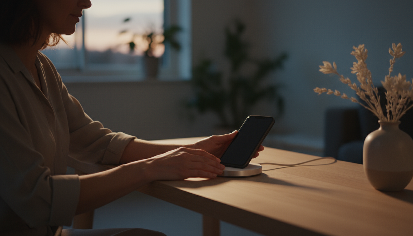 A serene bedside table featuring an open book, a minimalist analog clock, a potted plant, and a ceramic tea mug, bathed in soft sunlight.