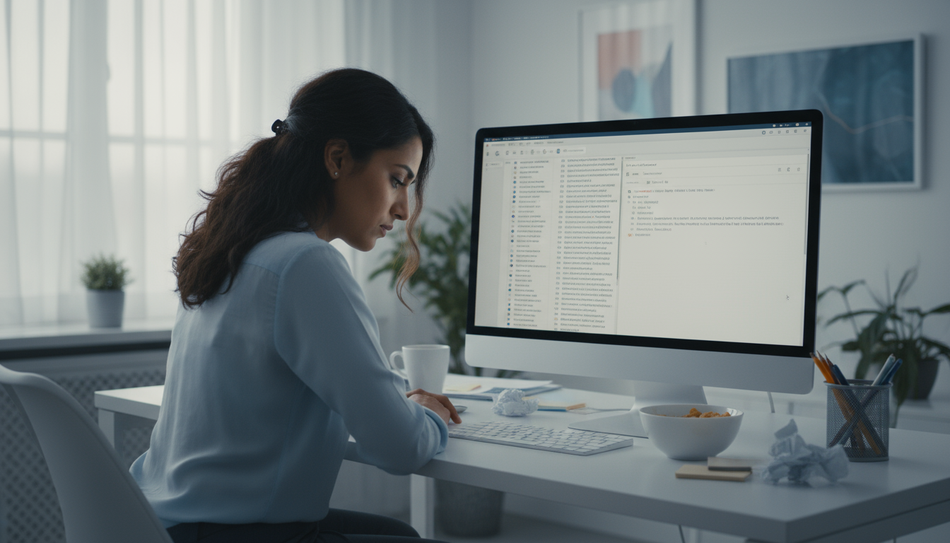 A perfectly prepared, minimalist desk with an open notebook, pen, laptop showing a blank screen, warm mug, and small plant, ready for focused work.