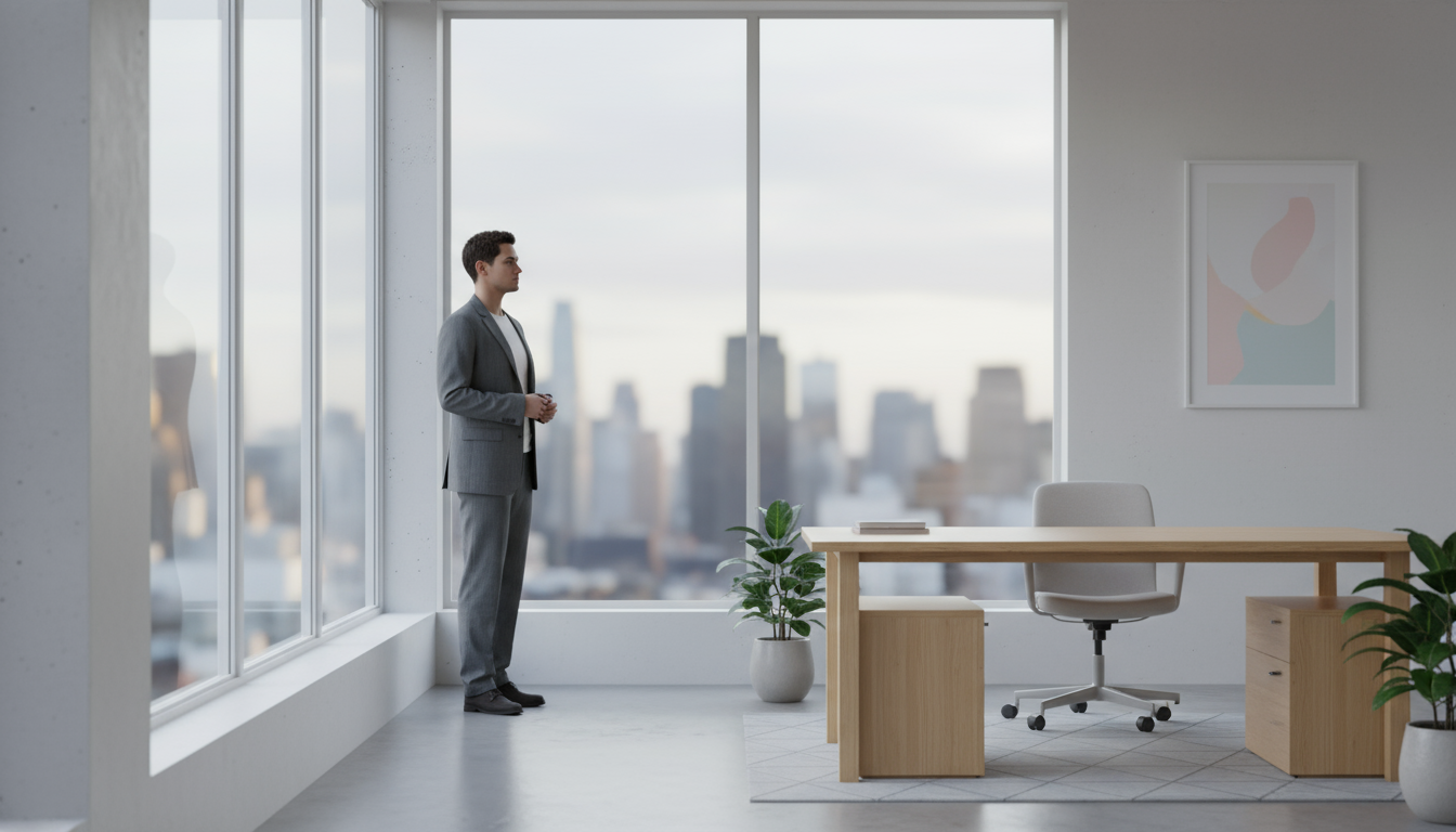 A hand deliberately places a smartphone into a wooden box next to a digital timer showing '50:00' on a clean desk, symbolizing deep work preparation.