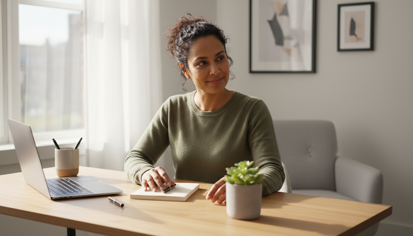 A calm professional sits at a clean desk, reflecting serenely with a plant nearby, embodying self-compassion for a fresh start.