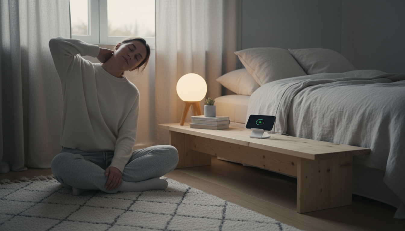 A person's smartphone displays a 'Time Limit Reached' notification, with the person looking contemplatively away at a clean workspace.