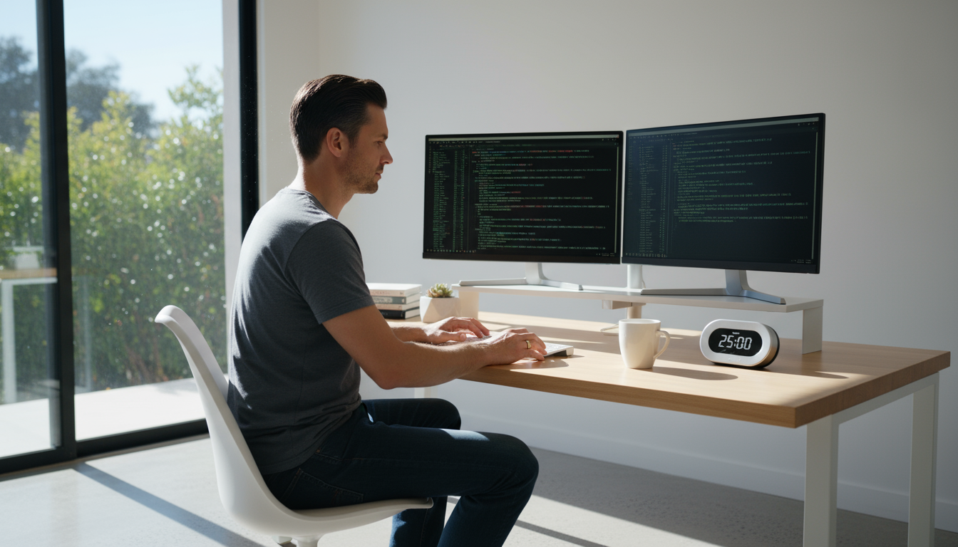 An organized home office desk with a knowledge worker viewing a digital calendar showing color-coded 'Deep Work' time blocks.