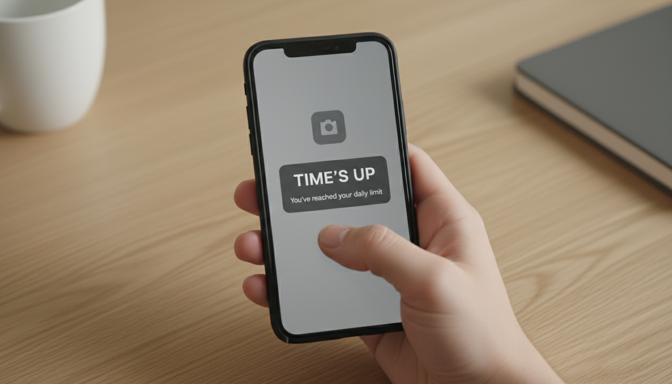 A knowledge worker thoughtfully looks away from a smartphone towards an open planner on a clean, organized wooden desk in a home office.