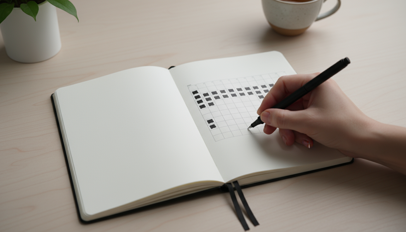 A thoughtful knowledge worker at a clean desk, hands resting near a journal, gaze distant and resolute, embodying identity-based habits.