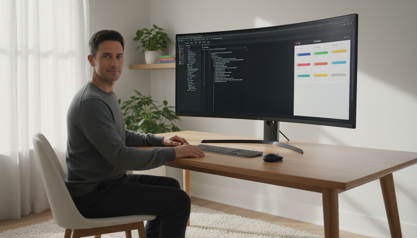 A focused knowledge worker at a clean, minimalist desk, deeply engaged with a single task on a clutter-free monitor, no digital distractions visible.