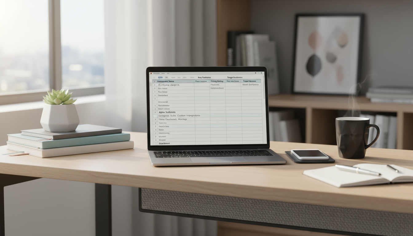 A professional with a thoughtful expression reviewing an open planner at a sunlit, minimalist desk with a mug and a plant.
