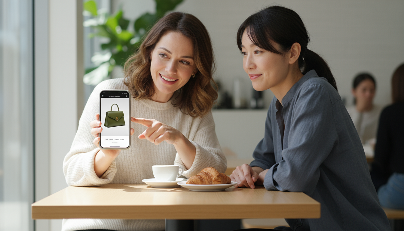 A person places their smartphone on a minimalist charging pad in a neat hallway, with a cozy reading nook visible through a doorway.