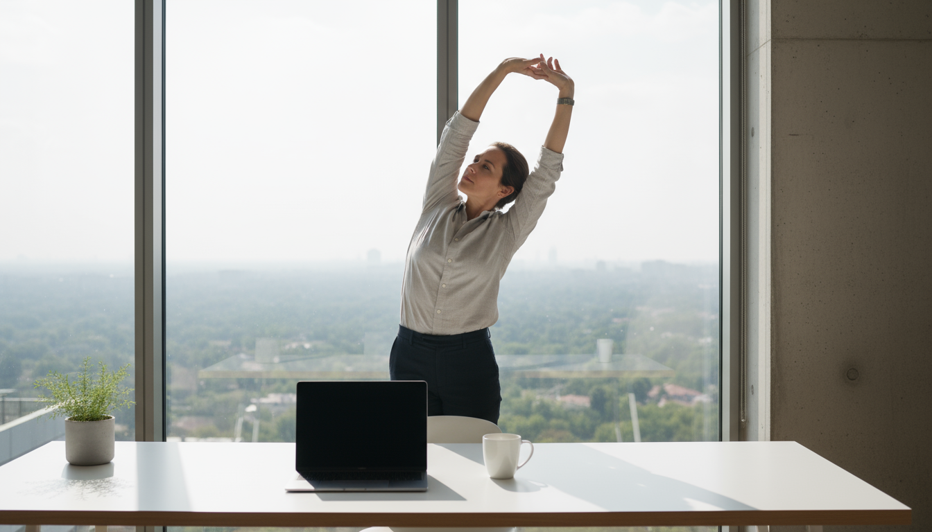 A calm professional at a neat home office desk, eyes gently averted from a laptop, hand resting on a notebook, embodying a mindful reset.