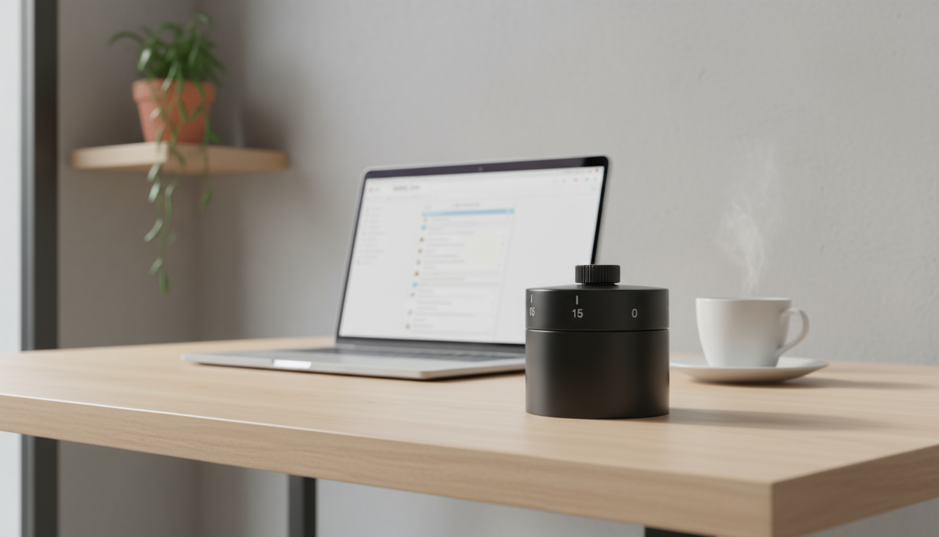 A professional at a sunlit minimalist desk, looking contemplatively away from a complex task management app, subtly hinting at over-optimization.