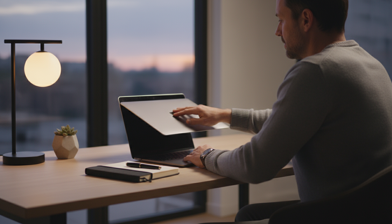 Distracted professional at a kitchen island with laptop, surrounded by a dog, child's drawing, laundry, and a TV, illustrating home work interruptions