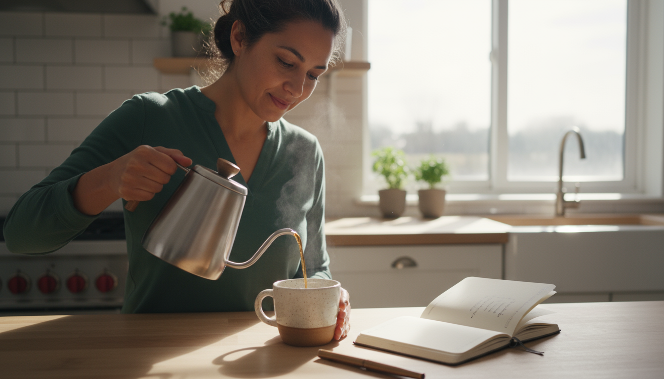 A woman stands by a window with her eyes closed, taking a deep breath in a calm, organized living room.