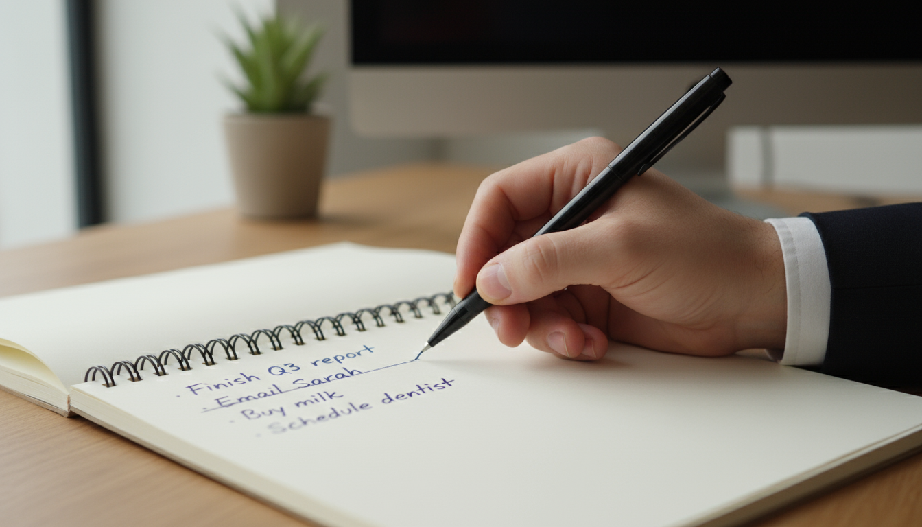 A focused professional at a light wood desk, viewing a digital task board on a monitor where tasks are clearly categorized into one big, three medium,