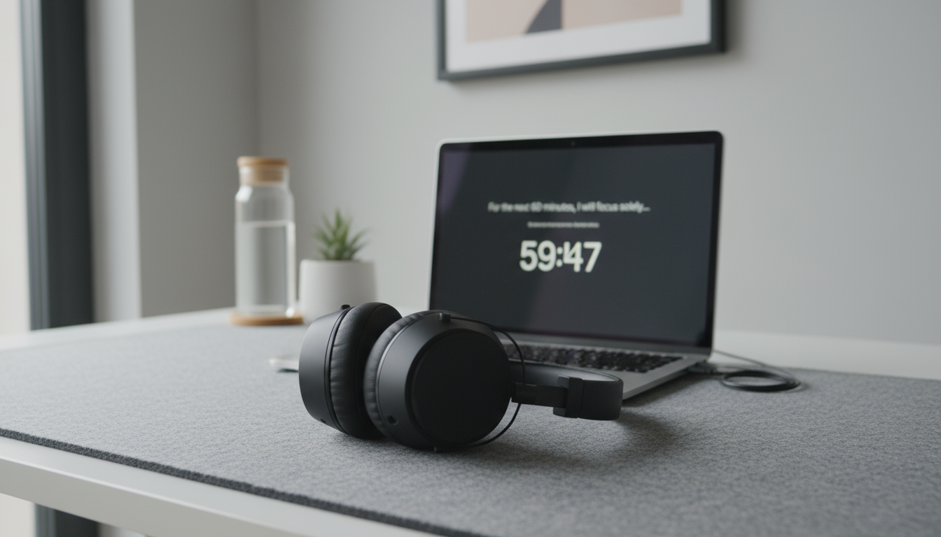 A professional stands by a large window in a minimalist home office, gently stretching and looking outside during a restorative break from screens.