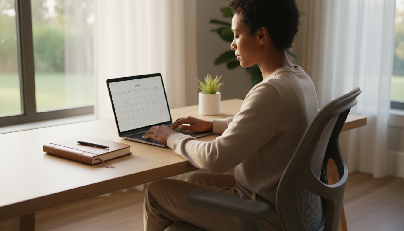 A professional quickly processes emails on a laptop at a bright, organized desk, hand poised for a decisive click, embodying rapid triage.