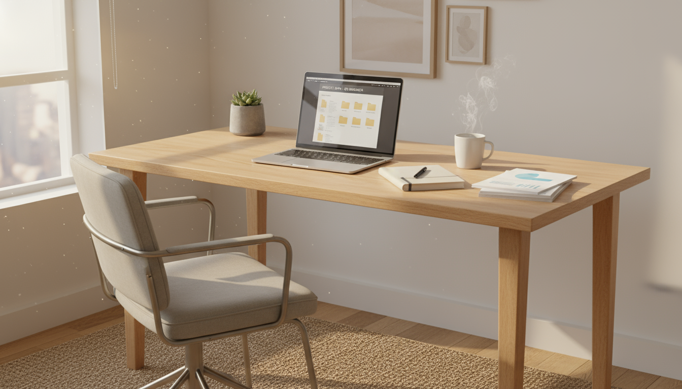 An organized home office desk at dawn, laptop open to a report, with research files and a steaming coffee, ready for focused work.