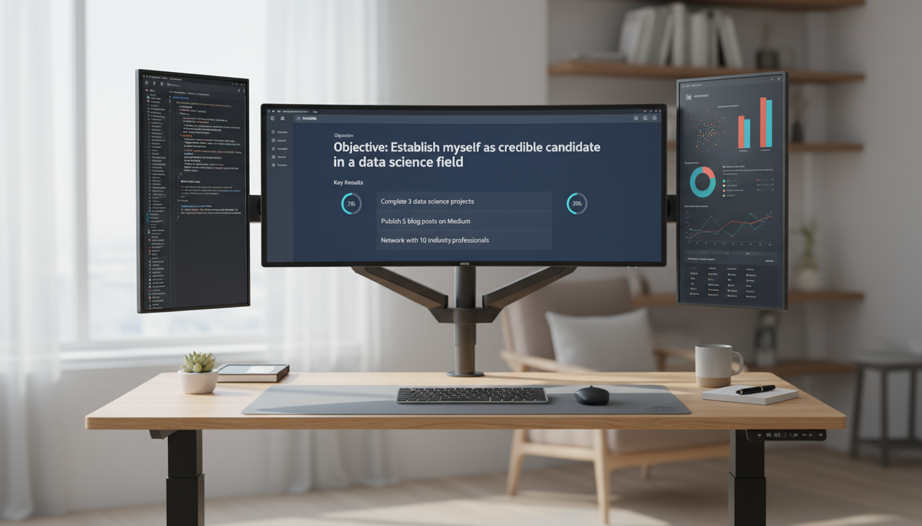 Hands meticulously arrange handwritten task cards onto a weekly planner on a minimalist light-wood desk, with a blurred journal in the background, ill