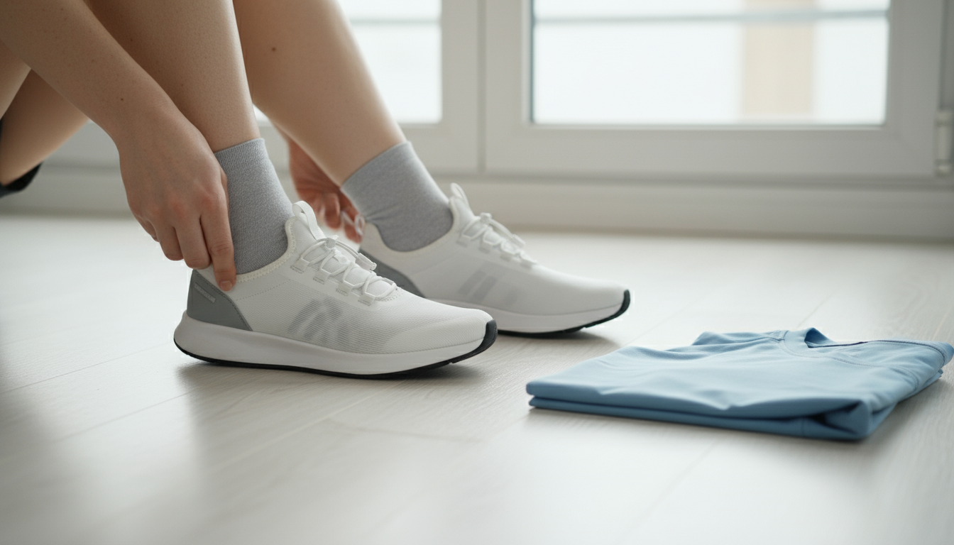 An acoustic guitar on a stand in a minimalist, sunlit living room corner with books and a plant, serving as an obvious habit cue.