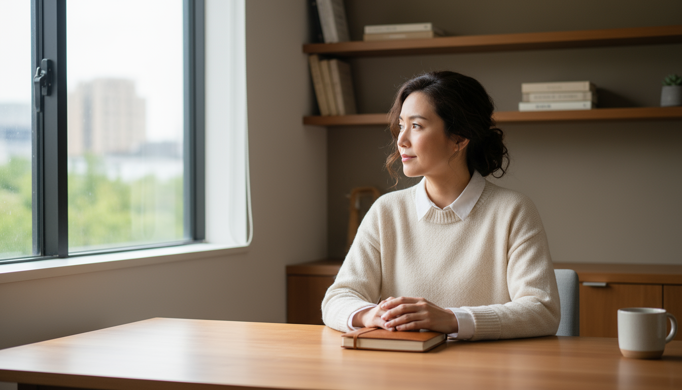 Multi-monitor standing desk with an OKR dashboard on the central screen tracking a data science career objective and its key results, with code on sid